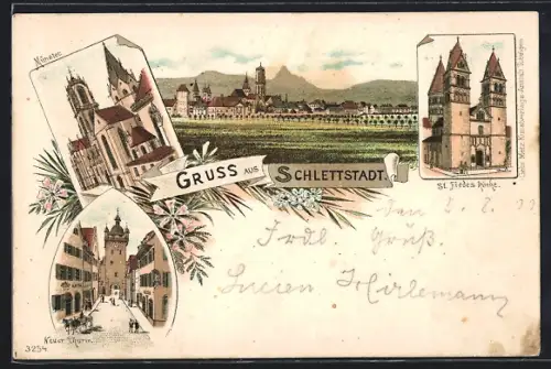 Lithographie Schlettstadt, Münster, Neuer Thurm, St. Fiedes-Kirche