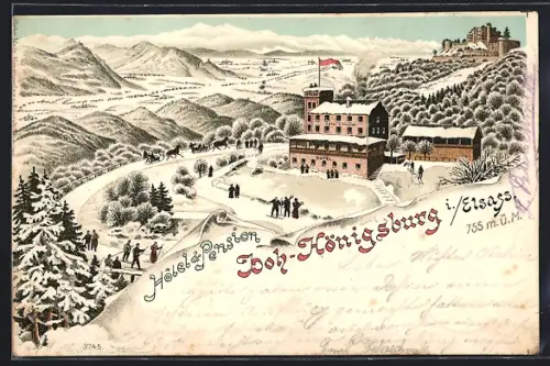 Lithographie Hoh-Königsburg /Elsass, Hôtel et Pension en hiver avec vue sur les montagnes enneigées