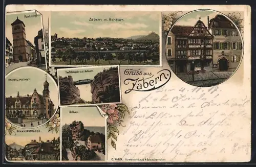 Lithographie Zabern, Kaiserl. Postamt, Bahnhofstrasse, Pfarrkirche