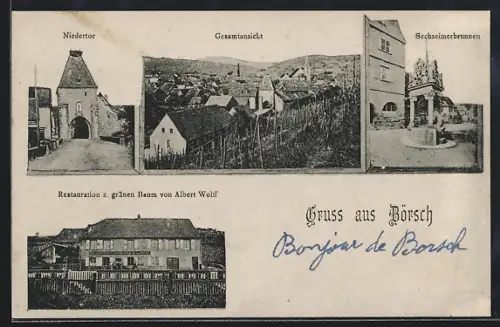 AK Börsch, Niedertor, Restaurant zum grünen Baum von Albert Wolff, Sechseimerbrunnen