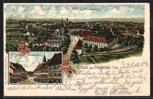 Lithographie Hagenau i. Els., Paradeplatz, Blick vom Wasserturm