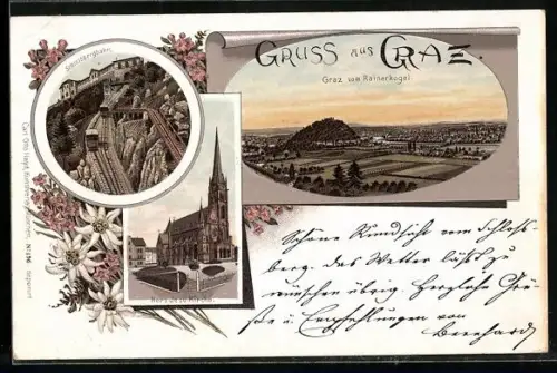 Lithographie Graz, Panorama vom Rainerkogel, Schlossbergbahn, Herz Jesu Kirche
