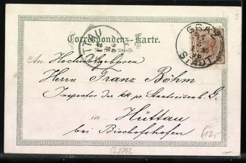 Lithographie Graz, Panorama vom Rainerkogel, Schlossbergbahn, Herz Jesu Kirche