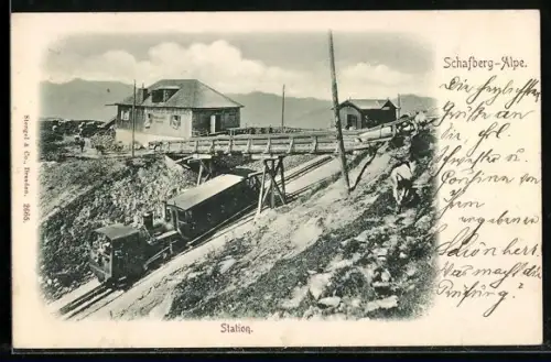 AK Schafberg, Schafbergbahn, Gasthaus zur Schafbergalpe mit Station der Bergbahn