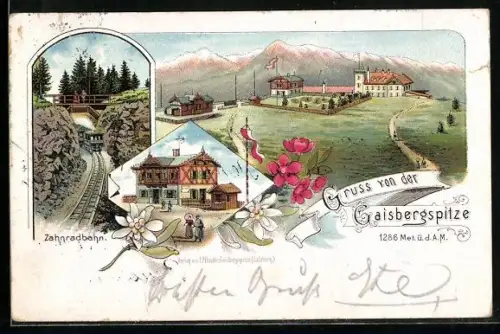 Lithographie Salzburg, Gasthaus auf der Gaisbergspitze, Zahnradbahn, Edelweiss