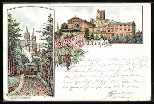 Lithographie Königswinter, Bergbahn zur Drachenburg