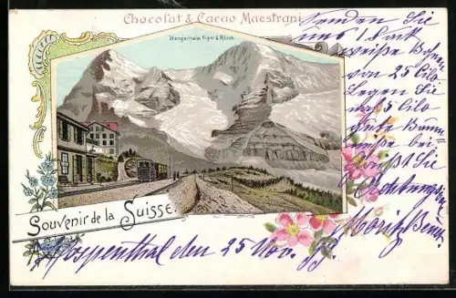 Lithographie Wengernalp, Bergbahn gegen Wengeralp, Eiger & Mönch