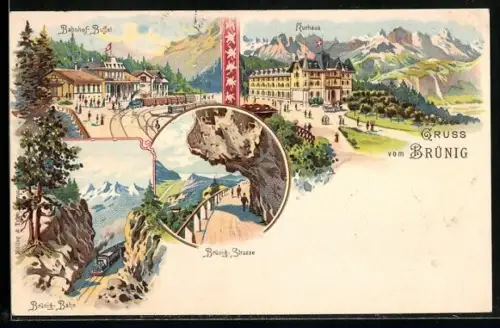 Lithographie Brünig, Hotel Kurhaus, Bahnhof-Buffet, Brünig-Strasse