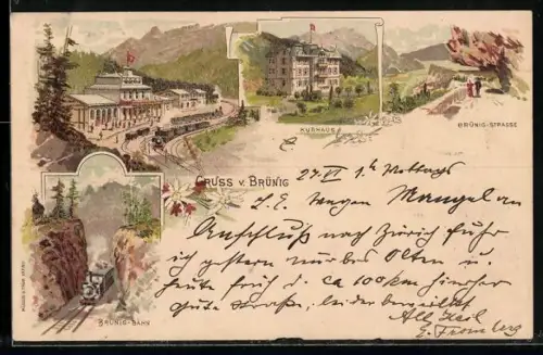 Lithographie Brünig, Brünig-Bahn, Brünig-Strasse, Kurhaus, Bahnhof