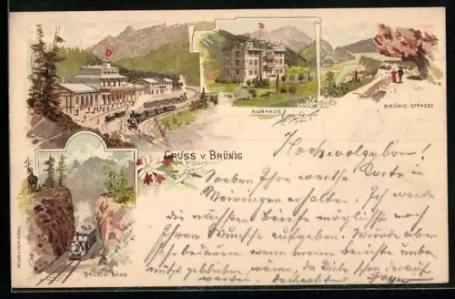 Lithographie Brünig, Kurhaus, Brünig-Strasse, Brünig-Bahn