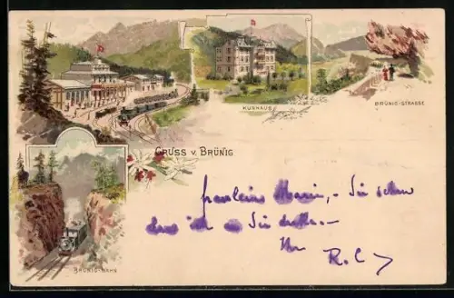 Lithographie Brünig, Brünig-Bahn, Bahnhof, Kurhaus, Brünig-Strasse