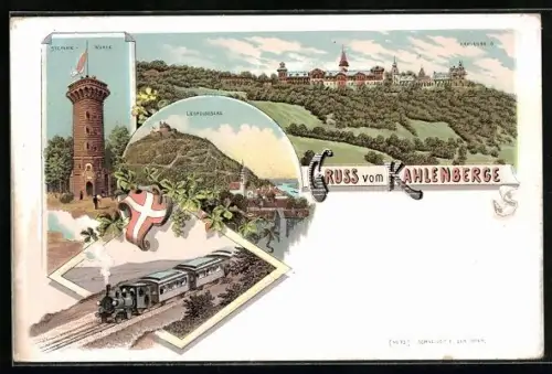 Lithographie Wien, Kahlenberg, Hotel, Stefanie-Warte, Leopoldsberg, Wappen, Eisenbahn