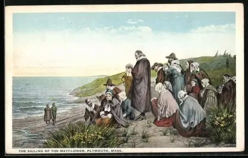 Künstler-AK Plymouth, MA, The Sailing of the Mayflower