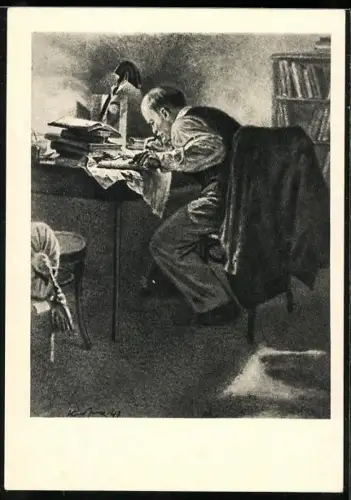 Künstler-AK Lenin über seinen Schreibtisch gebeugt