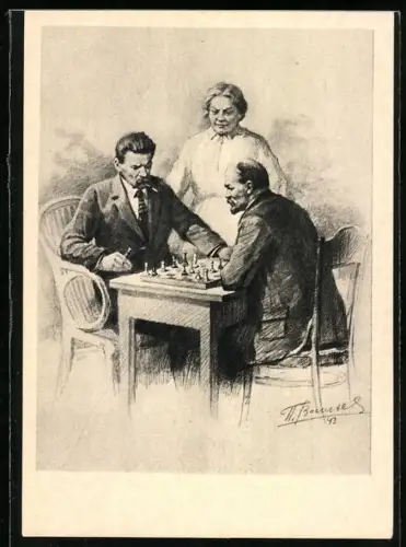 Künstler-AK Lenin Schach spielend im Porträt