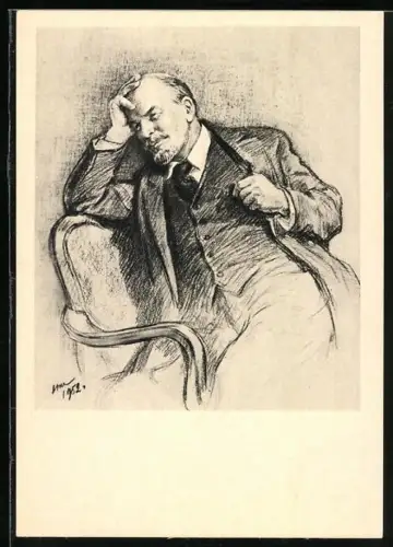 Künstler-AK Lenin auf einem Stuhl sitzend