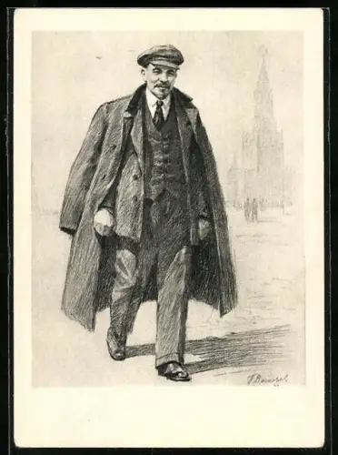 Künstler-AK Lenin durch eine Stadt laufend
