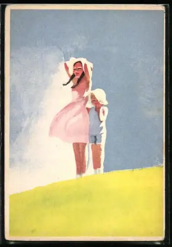 Künstler-AK Regeln zur Vorbeugung von Tuberkulose, Zwei Kinder auf einem sonnigen Hügel