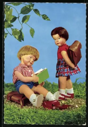 AK Zwei Schulkinder, Käthe Kruse-Puppen