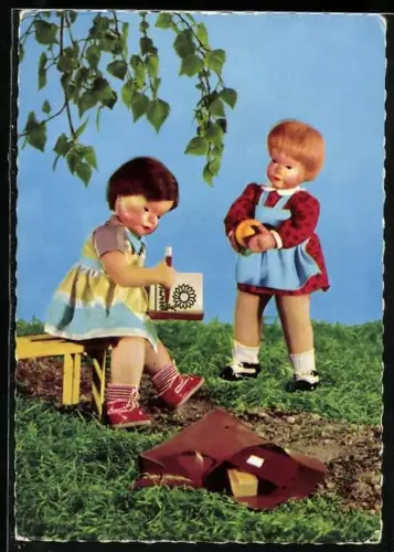 AK Käthe Kruse-Puppen mit Malbuch, Glückwunsch zum Schulanfang