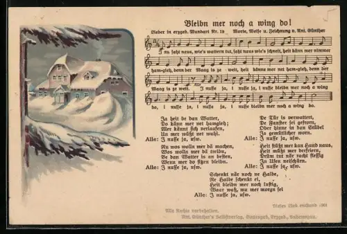Lied-AK Anton Günther NR 19: Bleibn mer noch a wing do!, Liednoten und Text