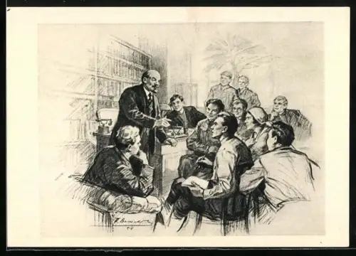 Künstler-AK Lenin spricht vor einer Gruppe versammelter Männer