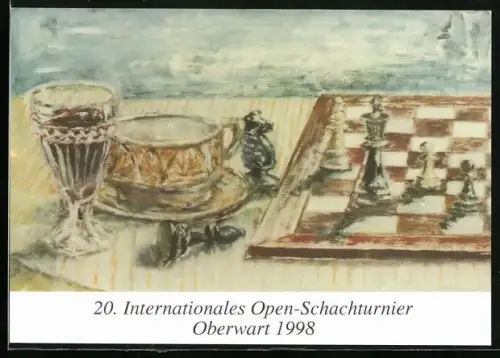 Künstler-AK Oberwart, 20. Internationales Open-Schachturnier 1998, Schachbrett auf einem Tisch