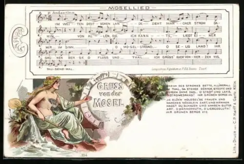 Lithographie Mosellied mit Musiknoten und Liedtext