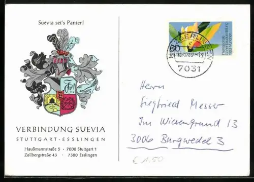 AK Stuttgart, Studentenwappen Verbindung Suevia Stuttgart-Esslingen