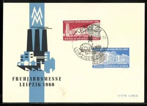 AK Leipzig, Leipziger Messe Frühjahrsmesse 1960, Fabrik & Messelogo