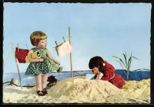 AK Zwei Mädchen am Strand, Käthe Kruse-Puppen