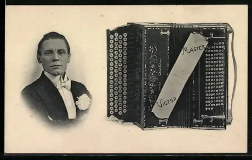 AK Victor Master, Portrait und Knopfakkordeon