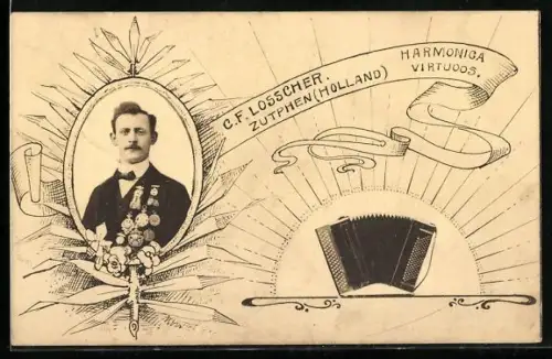 AK Zutphen, Harmonika-Virtuose C. F. Losscher, Portrait, Knopfakkordeon