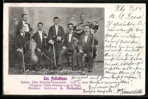 AK Les Palladinos, Ital. Künstler-Ensemble, Portrait mit Instrumenten