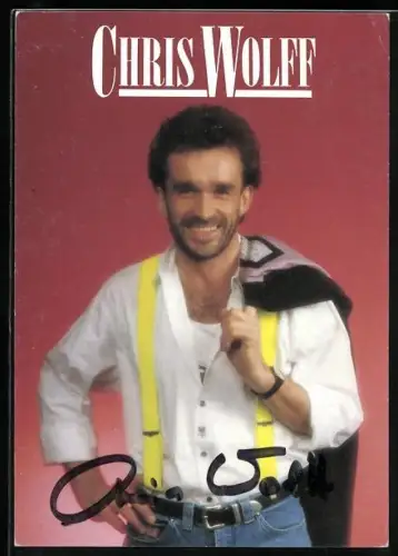 AK Musiker Christ Wolff mit neongelben Hosenträgern, Autograph