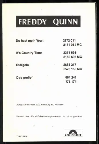 AK Musiker Freddy Quinn in blauem Hemd, Autograph