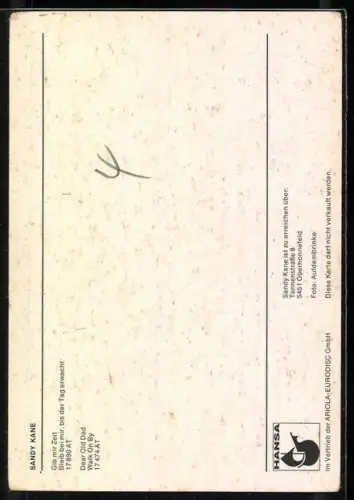 AK Musikerin Sandy Kane sitzend im Porträt, Autograph