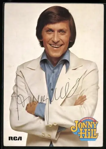 AK Musiker Jonny Hill in blauem Hemd, Autograph