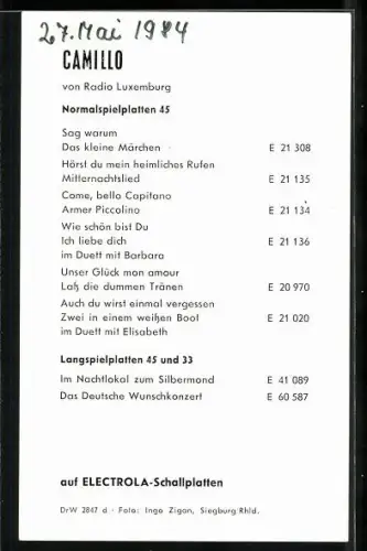 AK Musiker Camillo im Anzug, Autograph