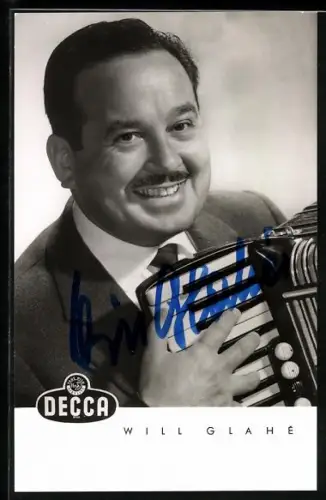 AK Musiker Will Glahe mit Akkordeon, Autograph