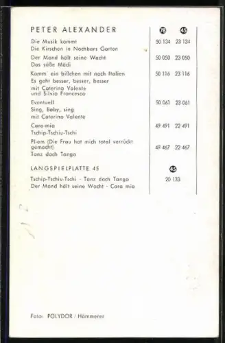 AK Musiker Peter Alexander schaut seitlich, Autograph