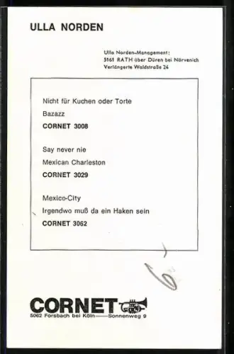 AK Musikerin Ulla Norden mit geflochtenem Zopf, Autograph