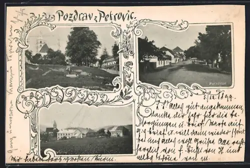 AK Petrovice, Strassenpartie mit Wohnhäusern, Ortsansicht vom Feld aus