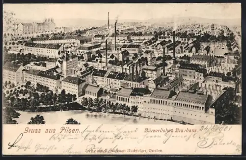 AK Pilsen, Ansicht vom Bürgerlichem Brauhaus aus der Vogelschau