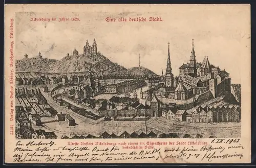 Künstler-AK Nikolsburg, Ortsansicht im Jahre 1928