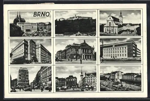 AK Brünn, Strassenpartie, Blick in den Ort, Strassenbahn