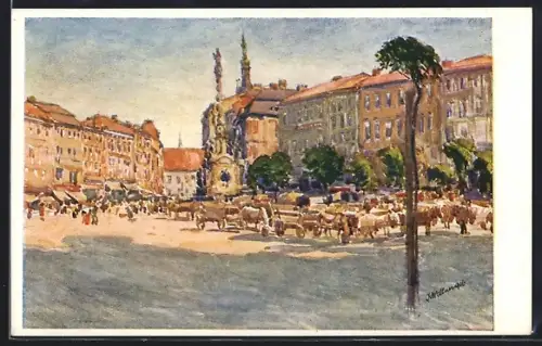 Künstler-AK Olomouc, Dolní Námestí o Thru, Dle akvarelu profesora K. Wellnera