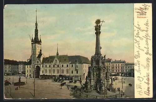 AK Olmütz, Oberring mit Rathaus & Dreifaltigkeitskirche, Strassenbahn