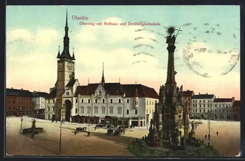 AK Olmütz, Strasse Oberring mit Rathaus und Dreifaltigkeitssäule