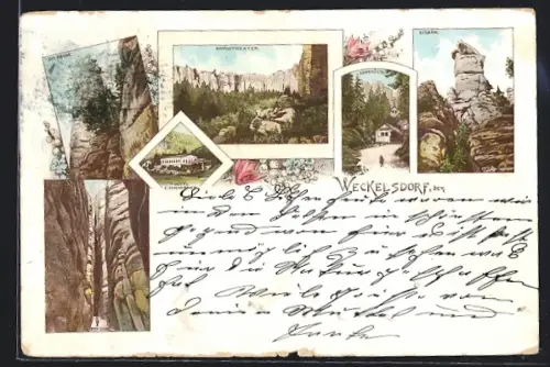 Lithographie Weckelsdorf, Hotel Eisenhammer, Amphitheater, Sennhütte